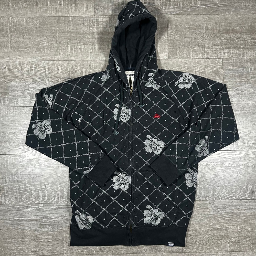 WearFirst Hoodie Mens Medium Black Barbed Wire Hibiscus Full Zip Sweatshirt Exc